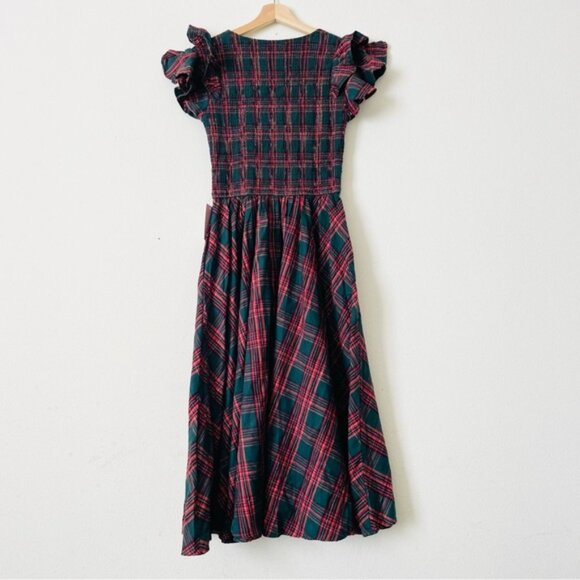 NWT Ivy City Co. SMALL Hattie Smocked pocketed midi dress in Evergreen Plaid red - Picture 9 of 9